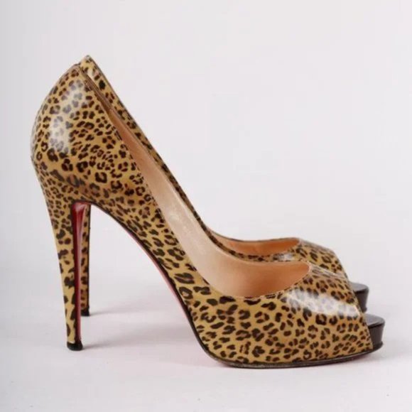 Christian Louboutin Leopard Print Patent Leather Peep Toe Heels - Picture 1 of 8